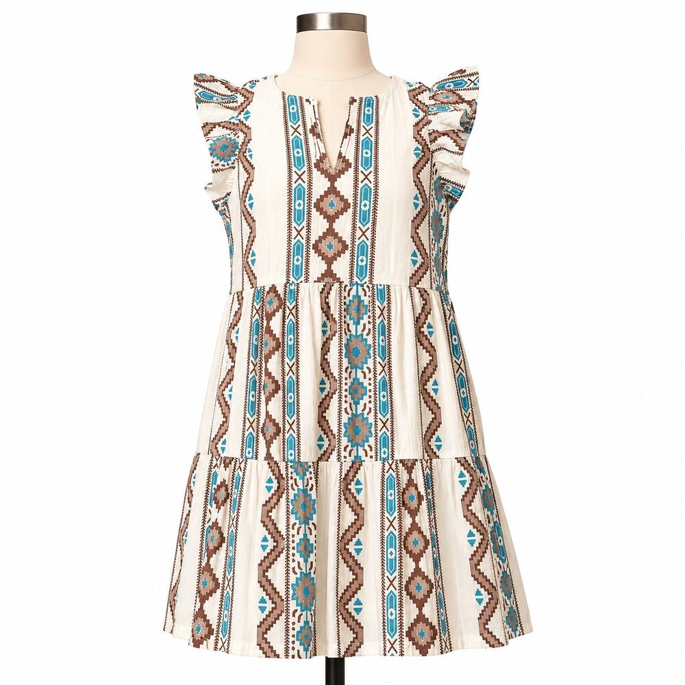 LOFT Outlet Petite XSP Boho Tiered Dress Cream Blue Brown Tribal Print